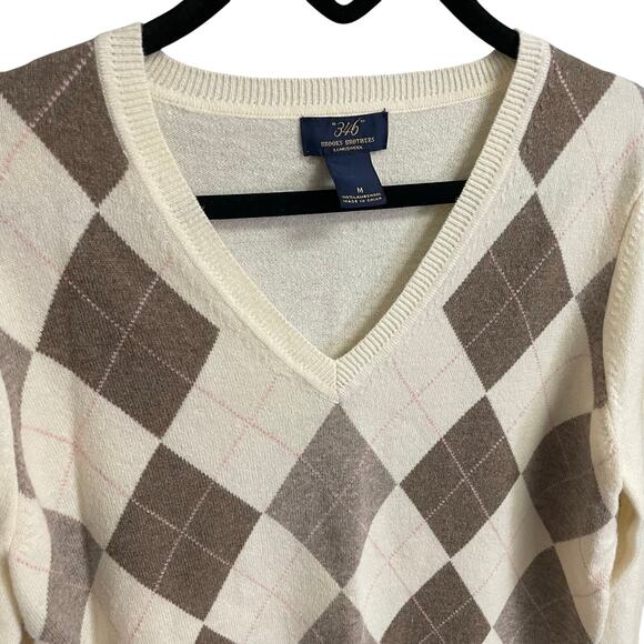Brooks Brothers Pure Lambswool V Neck Argyle Sweater Cream Brown Medium AS IS - Picture 3 of 6